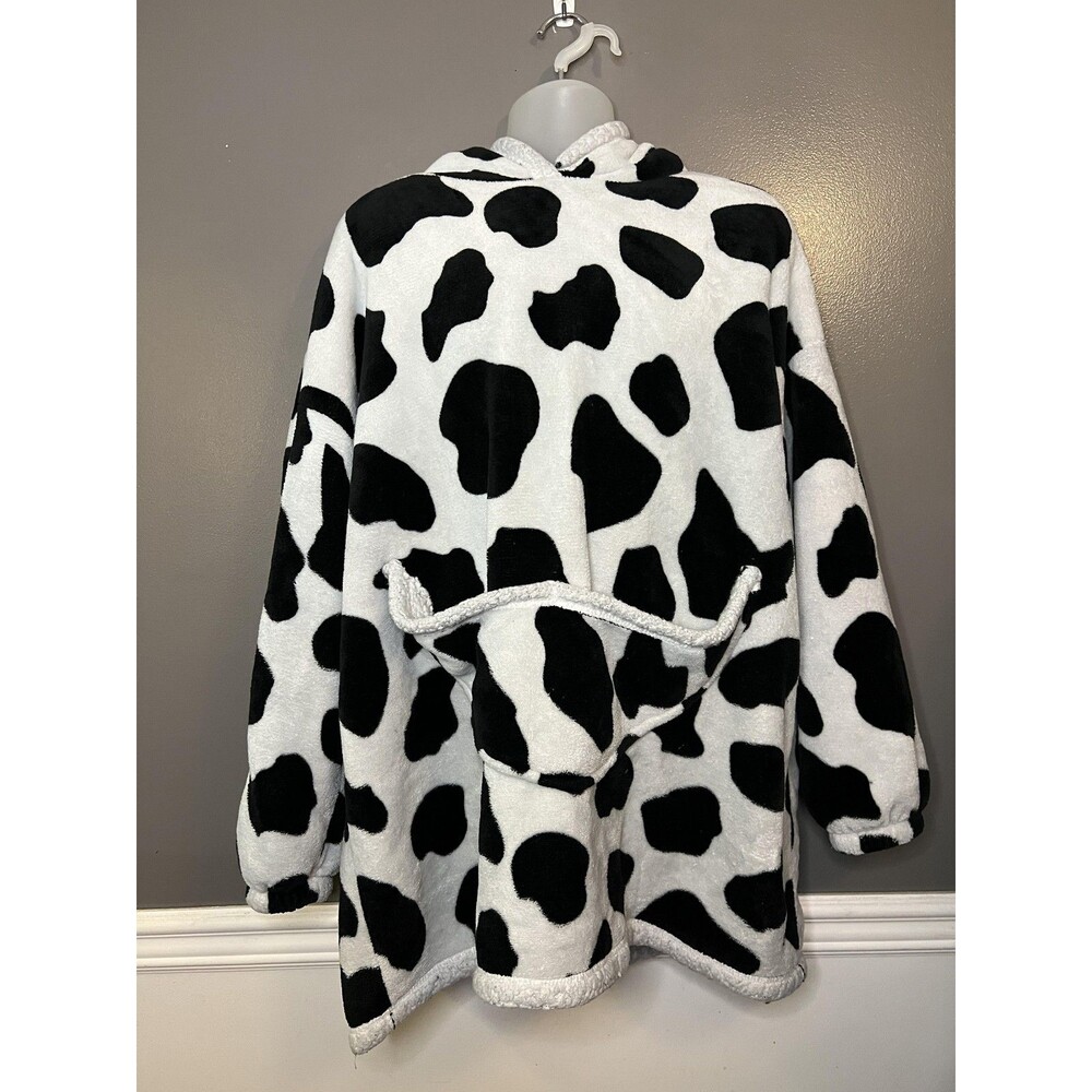 Cow Print Wearable Blanket Hoodie Womens Womens One Size Black White Sherpa Cozy